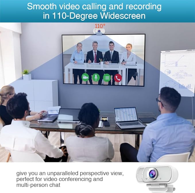 HZQDLN Webcam for PC, HD 1080P Webcam with Microphone, 110° Wide Angle USB Plug & Play - Noise Canceling for Video Calls, Streaming, Gaming - Built-in Privacy Shutter & Tripod