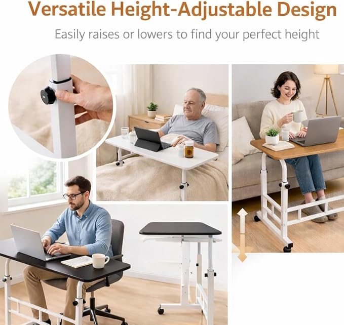 Mobile Standing Desk Adjustable Height for Laptop – Small Rolling Desk & Portable Table on Wheels – Small Standing Table with Wheels for Home Office (White)