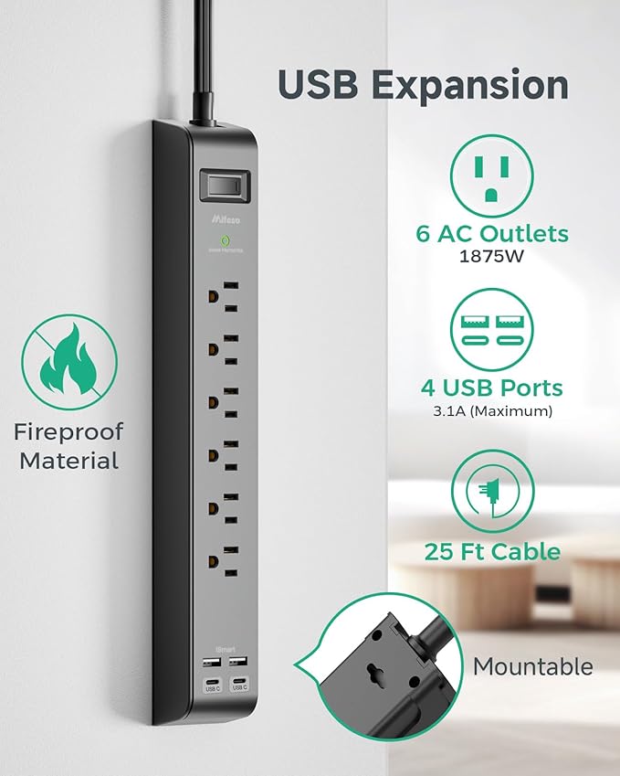2 Pack Surge Protector Power Strip with 6 Outlets 4 USB Ports (2 USB C) 25-Foot Extension Cord Flat Plug 900 Joules 15A Circuit Breaker Wall Mount Desk USB Charging Station for Home Office