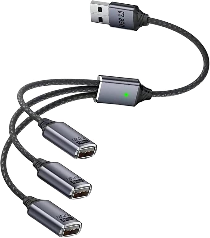 Danfetsoy USB Y Splitter 1 in 3 Out, USB Splitter Cable Type A 1 Male to 3 Female Charging Power Data Cable, 3 Port HUB for PC, Laptop, MacBook, Keyboard, PS5, Flash Drive, LED, 25cm