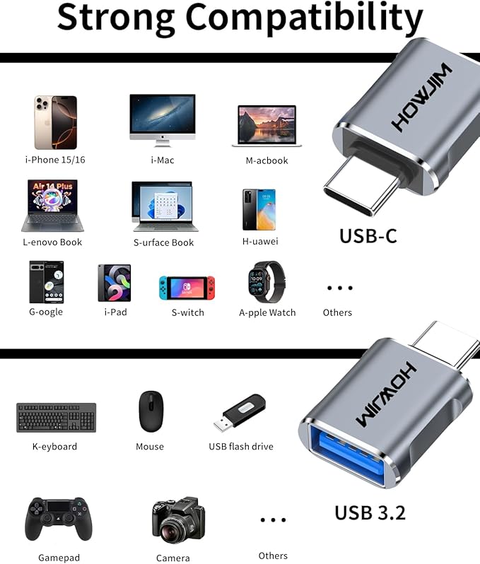 USB C to USB Adapter 4 Pack,10Gbps Data Transfer Fast Charging,Type C Male to USB 3.2 Female OTG Adapter,Aluminum Shell for Phone 17/16/15 Pro Max,Pad Pro,M-acBook Pro/Air,D-ell XPS,Chrome-book Gray