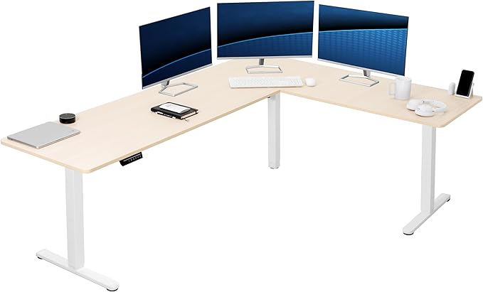 VIVO Corner Standing Desk, 84 x 63 inch Reversible L-Shaped Workstation, Electric Height Adjustment, Home, Office, and Reception Rooms, Light Wood Table Top White Frame, DESK-E3CTWC-84