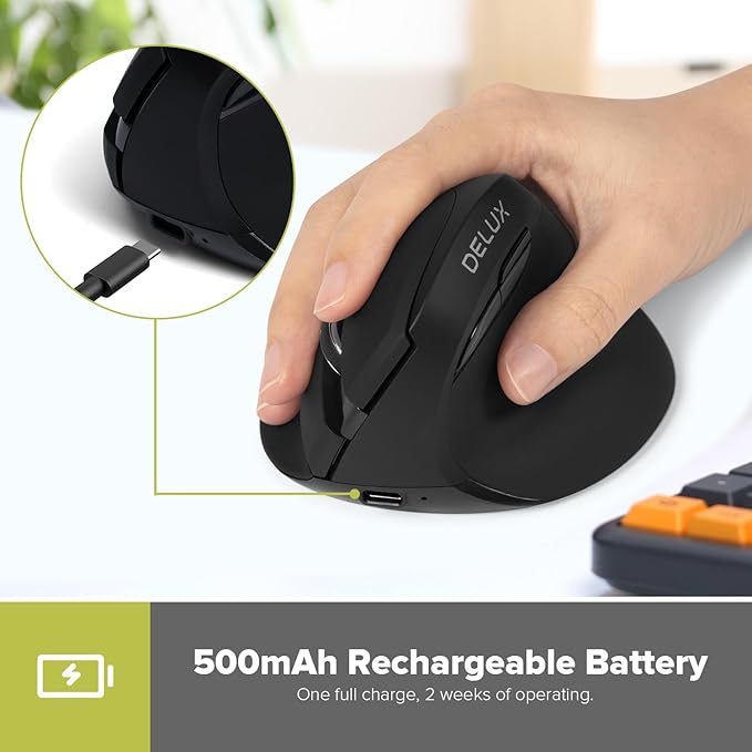DELUX Wireless Ergonomic Mouse, Vertical Mouse for Small Hands, Silent Click Ergo Mouse, Up to 4000 DPI, 6 Buttons, Rechargeable, 2.4G/BT 5.2 Dual-Mode, Compatible with Laptop/PC (M618MINI-Black)