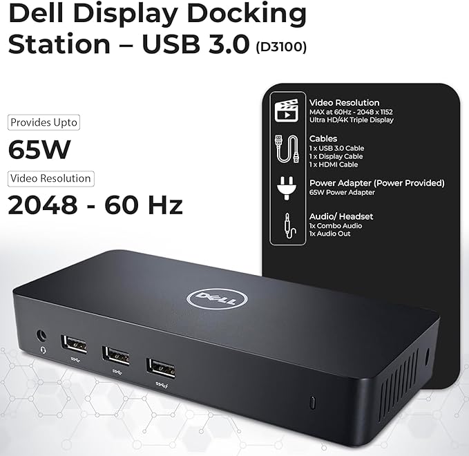 D3100 Dell Dock USB 3.0 Ultra HD/4K Triple Display - 1 Year Warranty with 65W Power Adapter + HDMI Cable + Display Port Cable + USB 3.0 Cable + Microfiber Cloth Included (Renewed)