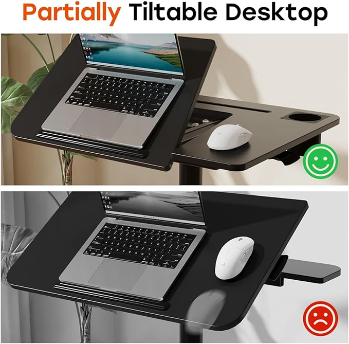 JOY worker Mobile Standing Desk, Height Adjustable Table, 60° Tiltable Rolling Laptop Desk, Portable Sit Stand Desk with Wheels Cup Holder for Bed Couch Hospital, Holds Up to 22lbs, Black