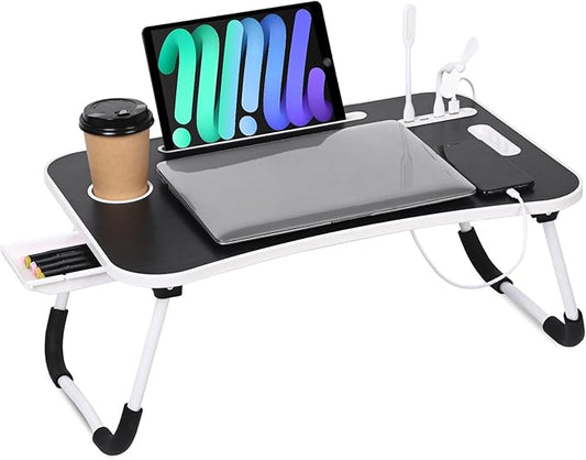 23.6 inch Portable Bed Desk, Folding Lap Desk with 4 USB Ports, Wind Fan, LED Light, Cup Holder and Side Drawer for Working, Reading, Writing, Eating on Bed, Sofa, Floor (Black)