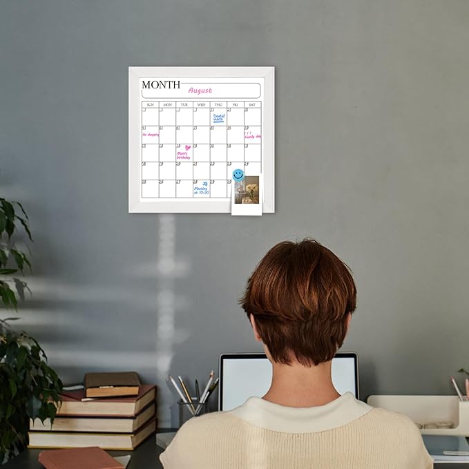 Monthly Calendar Dry Erase Board for Wall, 11.8" x 11.8" Magnetic Surface Whiteboard with White Wooden Frame, Hanging White Board Calendar for Decor/Memo(YL-WH,3030)