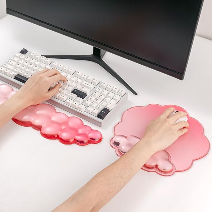Keyboard Wrist Rest with Gel Cloud Mouse Pad - Ergonomic Pink Mouse Pad with Non-Slip Base, Cute Desk Accessories for Office/Home/Desktop/Latop