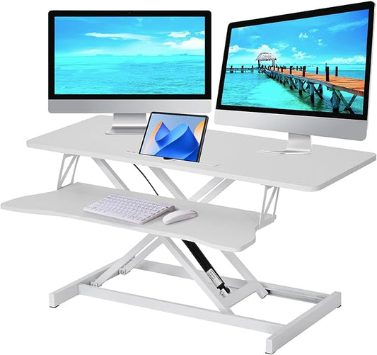 37" Desk Converter, Height Adjustable Stand Up Desk Converter, 2 Monitor Standing, Sit to Stand, Quick Sit to Tabletop, Riser Workstation with Wide Keyboard Tray