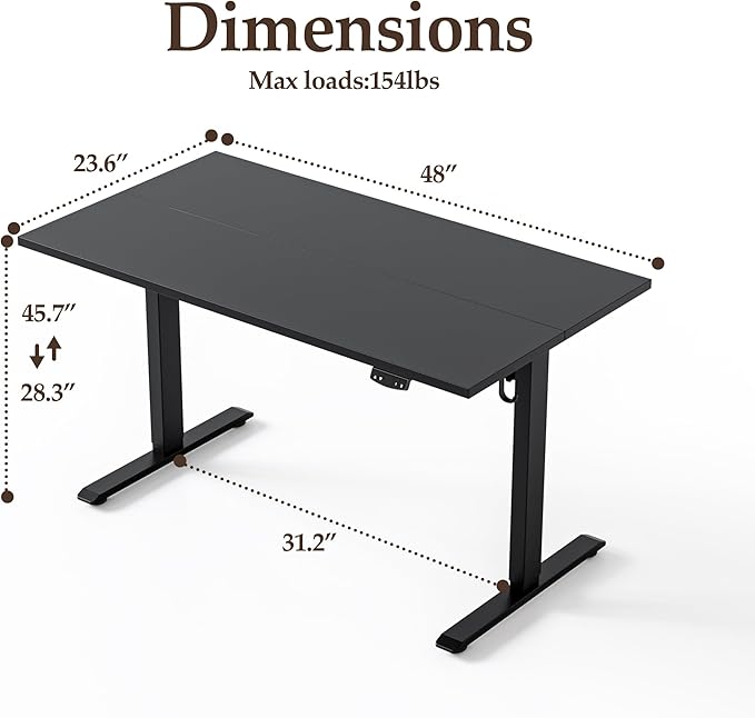 Klicelor 48 Inch Electric Standing Desk, Height Adjustable Office Desk, Sit Stand Up Computer Desk with Memory Preset, Two-Piece Desktop, Black