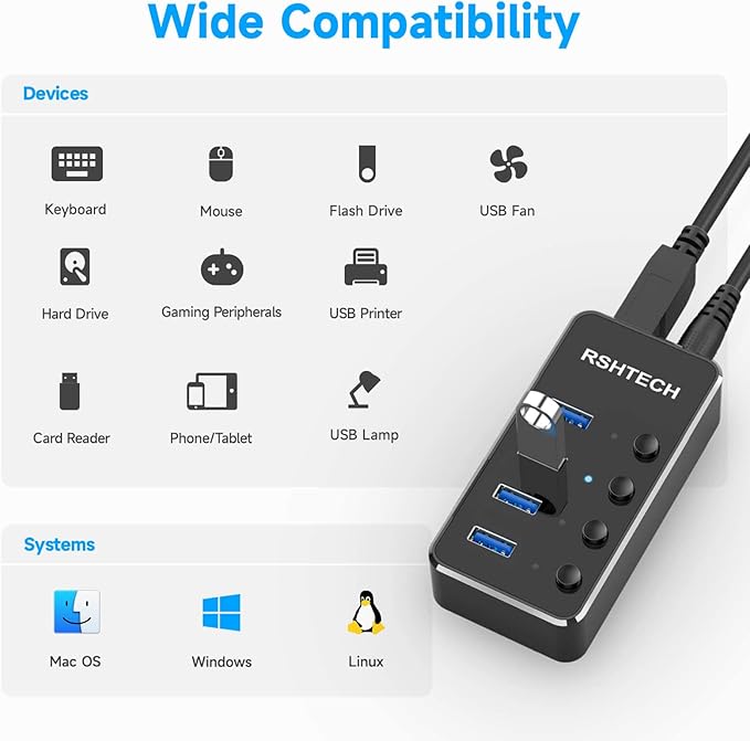 RSHTECH 4 Port Powered USB 3.0/USB C Hub Upgraded Version with 2-in-1 3.3ft USB Cable,5V Power Adapter and Individual Switches, Portable Aluminum USB Splitter for Laptop and PC, RSH-ST04