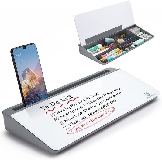 Small Desktop Glass Whiteboard Dry-Erase-Board - Computer Keyboard Stand White Board Surface Pad with Drawer, Desk Organizers with Accessories for Office, Home, School Supplies - Grey