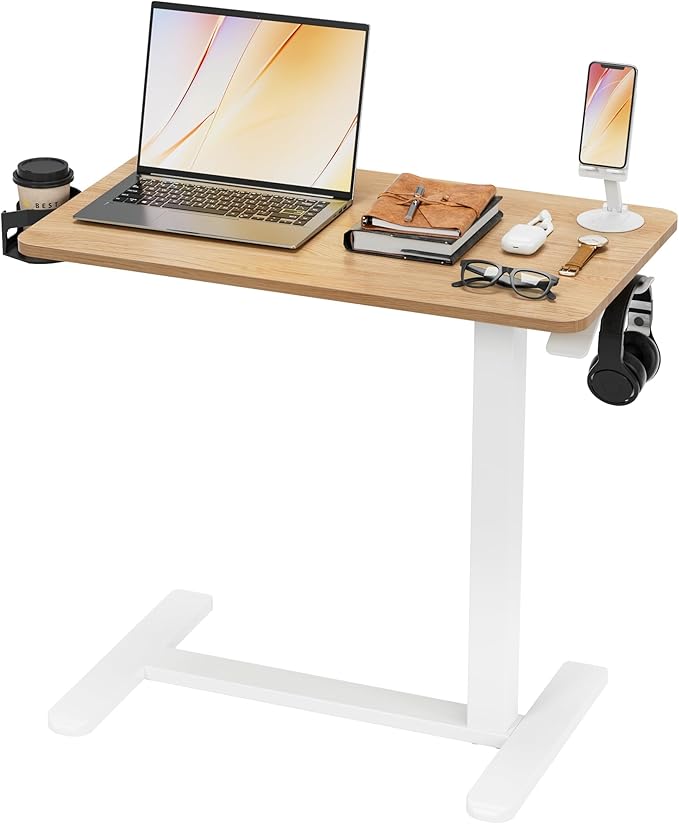Furmax Mobile Standing Desk with Wheels, Pneumatic Adjustable Rolling Computer Desk Laptop Table for Bed, Couch (Maple, Small)