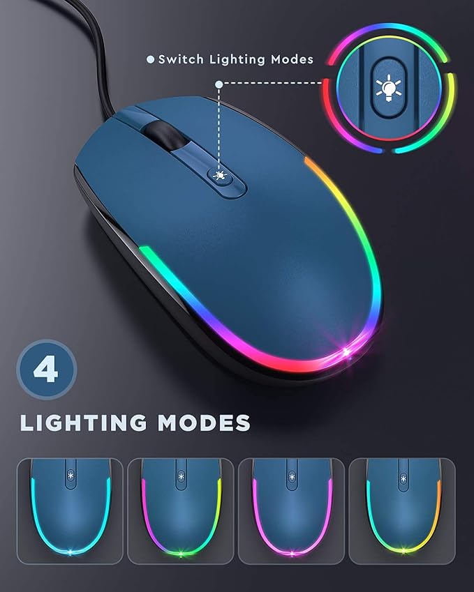 seenda Wired Mouse - USB Computer Mice Wired with RGB Backlit Optical LED Mouse with Attached USB Cord for Laptops Notebooks Chromebook - Blue & Black