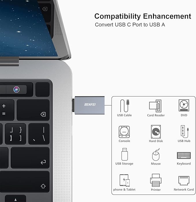 BENFEI USB C to USB 3.0 Adapter, 3 Pack USB C to A Male to Female Adapter Compatible with iPhone 15 Pro/Max, MacBook Pro/Air 2023, iPad Pro, iMac, S23, XPS 17, Surface Book 3 and More - Gray