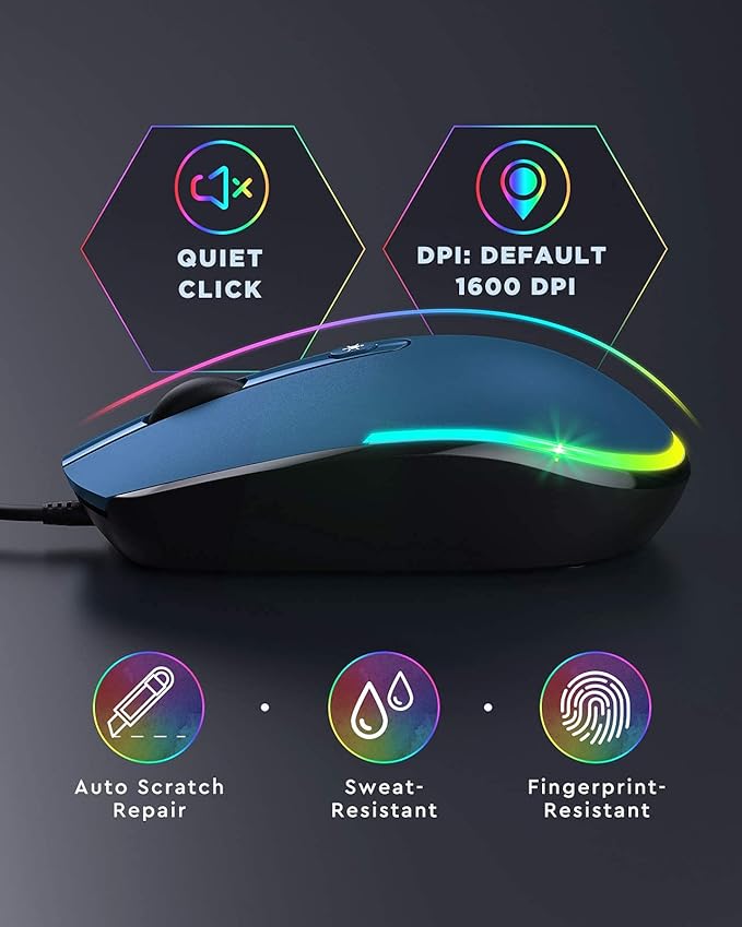 seenda Wired Mouse - USB Computer Mice Wired with RGB Backlit Optical LED Mouse with Attached USB Cord for Laptops Notebooks Chromebook - Blue & Black