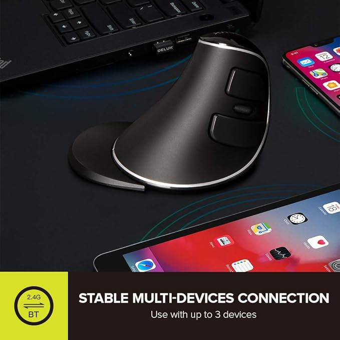 DELUX Wireless Ergonomic Vertical Mouse, Rechargeable Ergo Mouse for large Hands, Slient Click, Removable Wrist Rest, Up to 4000 DPI, 6 Buttons,2.4G Dual Mode, Compatible with Laptop/PC (M618PD-Black)