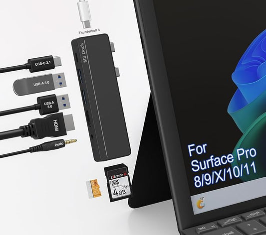 Surface Pro 8/9/X/10 Dongle - Surface Pro 9 Adapter with 4K HDMI, Thunderbolt 4 (8K@30Hz Video+40G Data+100W PD), USB 3.0, SD/TF Reader, 3.5mm Audio Surface Pro 9 Docking Station Hub