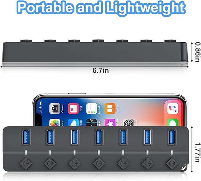 USB Hub 3.0, 7-Port USB Hub Splitter with Individual On/Off Switches and Lights, 3.2ft/1m Long Cable Compatible with MacBook, Laptop, Surface Pro, PS4, PC, Flash Drive, Mobile HDD-Gray