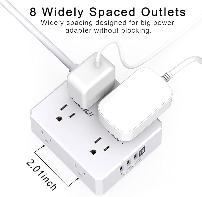 Surge Protector Power Strip - 20 Ft Flat Plug Extension Cord with 8 Widely Outlets and 4 USB Ports(1 USB C), 3 Side Outlet Extender for Home Office, White, ETL Listed