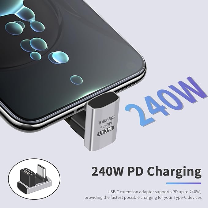 Duttek 180 Degree USB C Adapter 240W, U Shaped USB C Male to Female Adapter, 40Gbps Type C Extender Converter 8k Video Audio Display for Laptop, Switch, MacBook, Thunderbolt 4/3, 1pack
