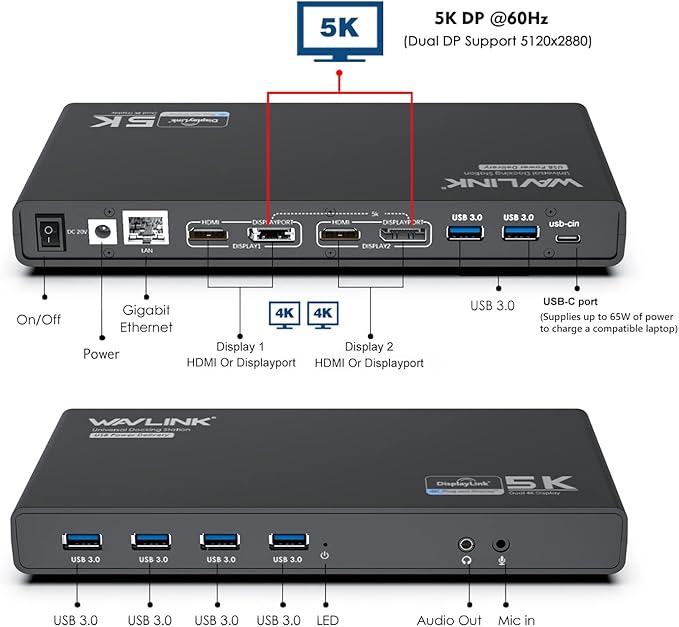 WAVLINK Universal Laptop Docking Station Dual Monitor with 65W Power Delivery for Windows Mac M1/M2, Displaylink Dock, USB C/A to Dual HDMI/DisplayPort Adapter, Gigabit Ethernet, 6 USB 3.0, Audio/Mic
