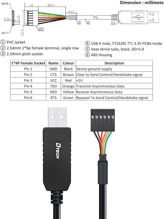 DTECH 3ft USB to TTL Serial Cable 5V 6 Pin Genuine FTDI FT232RL Chip UART Adapter Debug Cord Compatible with Windows 11 10 8 7 Linux MAC OS 6Pin 5 V Level Signal 2.54mm Dupont Female Header