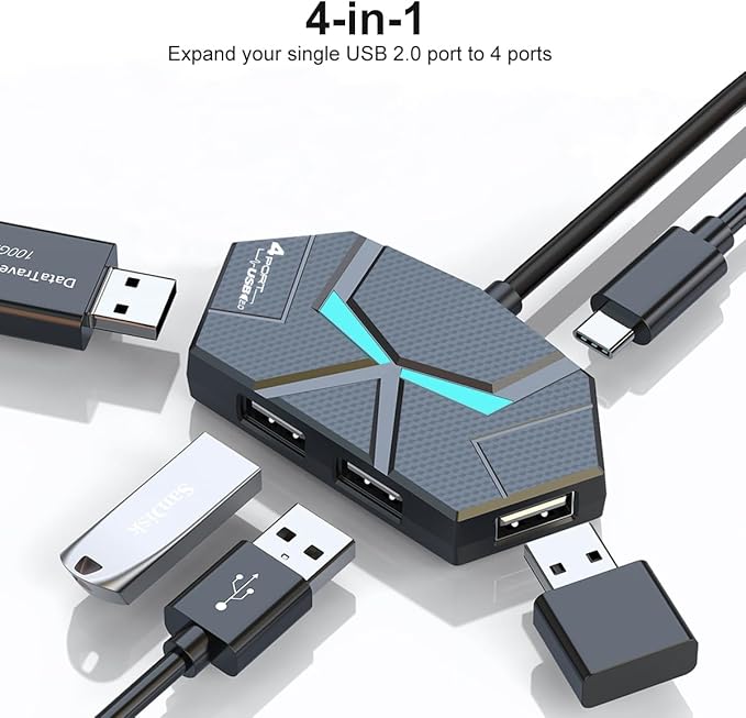 USB Hub 2.0, Multi-Port USB Hub,USB Extender with Extra Power Port for Laptop, PC, Xbox, Gamepad,Flash Drive, HDD, Console, Printer, Camera,Keyborad, Mouse,USB Fan (4-Port USB C 2.0)