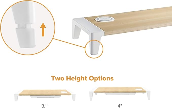 Bostitch Office Wooden Monitor Stand with Wireless Charging Pad, Drawer for Storage, Adjustable Height Riser Includes Removable Non-Skid Rubber Feet - Wood Grain and White (STND-2408WH)