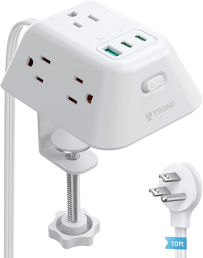 TROND USB C PD 20W Desk Clamp Power Strip, Surge Protector with 5 AC Outlets, 2 USB C Charging Station, Fit 1.97in Tabletop Edge Thick, 10ft Extension Cord for Home Office Accessories, White
