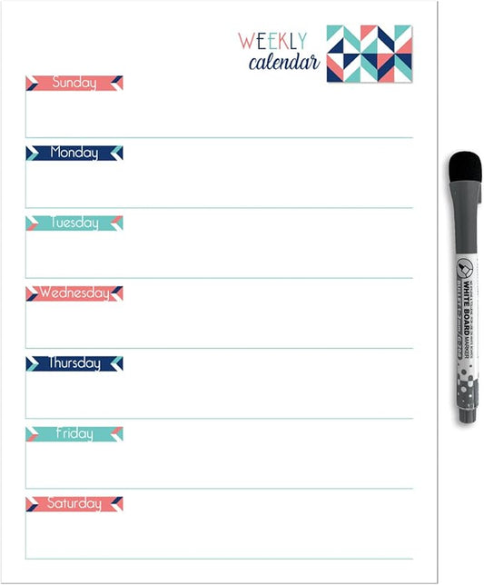 Dry Erase Weekly Calendar Planner Sticker Decal | Removable & Reusable | Magnetic Fine-Tip Marker Included (9 x 12 inches, Geometric)