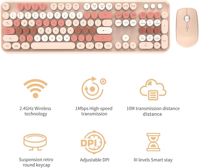 Wireless Keyboard and Mouse Combo Cute Colorful Keyboard and Mouse, Retro Typewriter Keyboard with 2.4GHz Plug & Play, for Windows 11/10/7, Laptop, PC (Milk Tea)