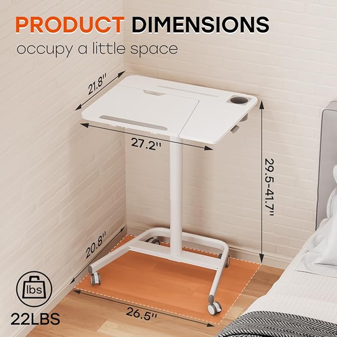 JOY worker Mobile Standing Desk, Height Adjustable Table, 60° Tiltable Rolling Laptop Desk, Portable Sit Stand Desk with Wheels Cup Holder for Bed Couch School, Holds Up to 22lbs, White
