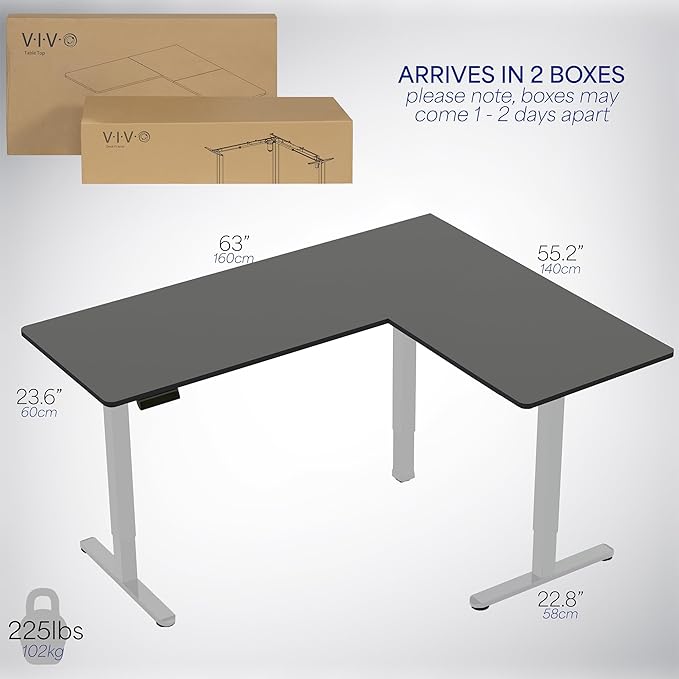VIVO Corner Standing Desk, 63 x 55 inch Reversible L-Shaped Workstation, Electric Height Adjustment, Home, Office, and Reception Rooms, Black Table Top Gray Frame, DESK-E3CTGB