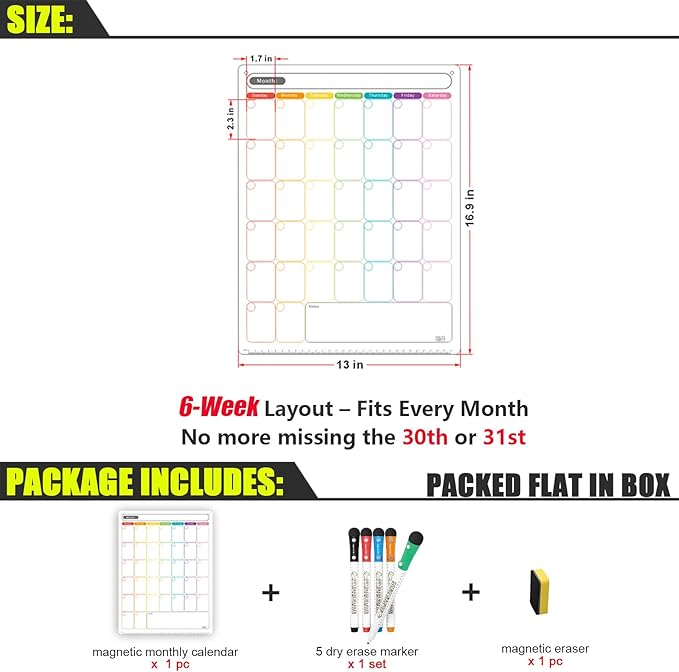Mag-Fancy Magnetic Dry Erase Calendar - Vertical Calendar for Refrigerator - Monthly Fridge Calendar Whiteboard with Extra-Thick Magnet Included Fine Point Marker & Eraser & Home Organizer