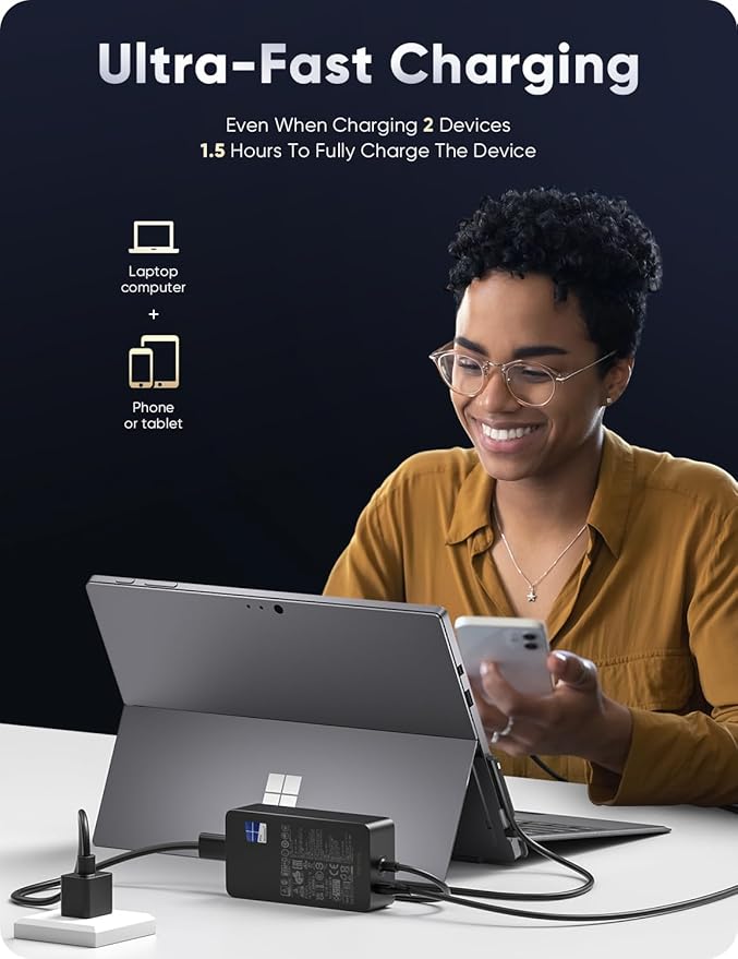 Microsoft Surface Pro Charger for 65W Windows Surface Charger 11,10,9,8.7+,7.6.5.4.3.X.Surface Laptop 6,5,4,3,2,1, Surface Go 3,2,1, Tablet, Surface Book 3,2,1, Support 44W, 36W,LED. 10FT