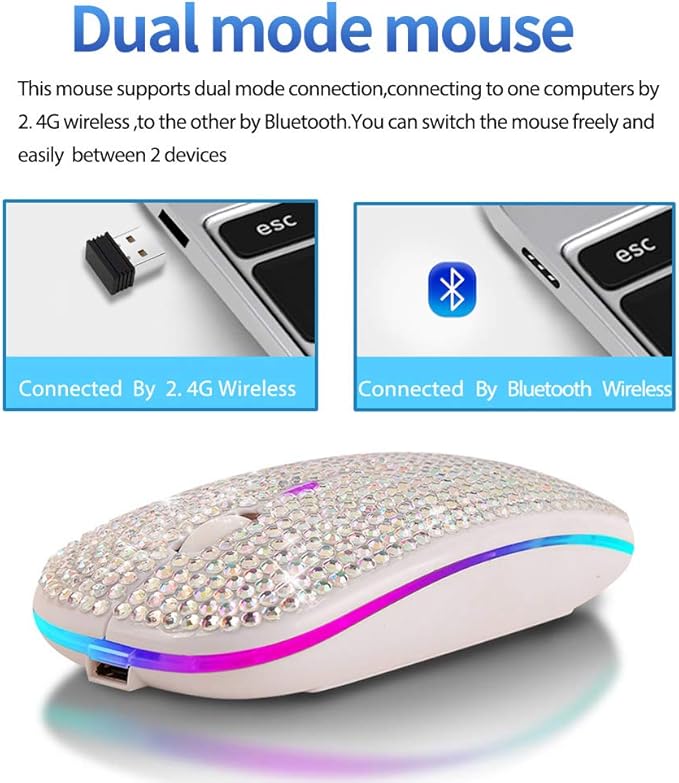 Bluetooth Mouse,Bling Dazzling 2.4GHz Rechargeable Wireless Mouse Slim Mouse with USB Receiver, Compatible with Notebook, PC, Laptop, Computer, MacBook,Great Present idea for Her (White)