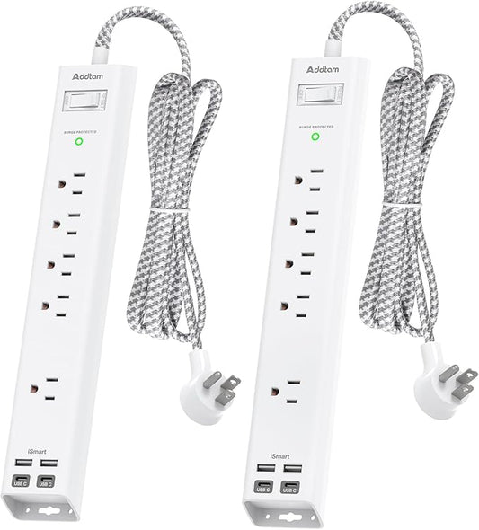 10Ft Surge Protector Power Strip - Long Extension Cord, Addtam 5 Widely Outlets 4 USB Ports, Flat Plug, Multi Plug Outlet Extender, Desk Charging Station for Home Office College Dorm Room Essentials