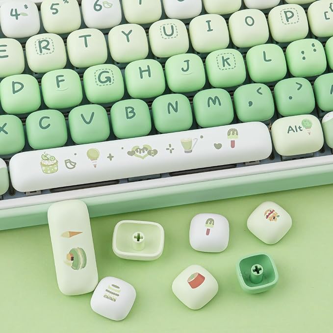 PBT Keycaps 144 Keys Cute Green Dessert Cream Keycaps Dye-Sublimation MOG Profile Custom Round Keycap for MX Swithes Mechanical Gaming Keyboards