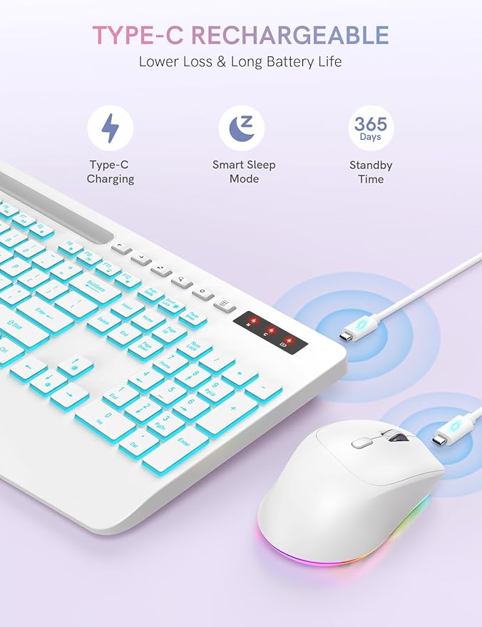 Trueque Wireless Keyboard and Mouse Combo with 7 Colored Backlits, Wrist Rest, Rechargeable Ergonomic Keyboard with Phone Holder, Silent Lighted Full Size Combo for Windows, PC, Laptop (Cloud White)