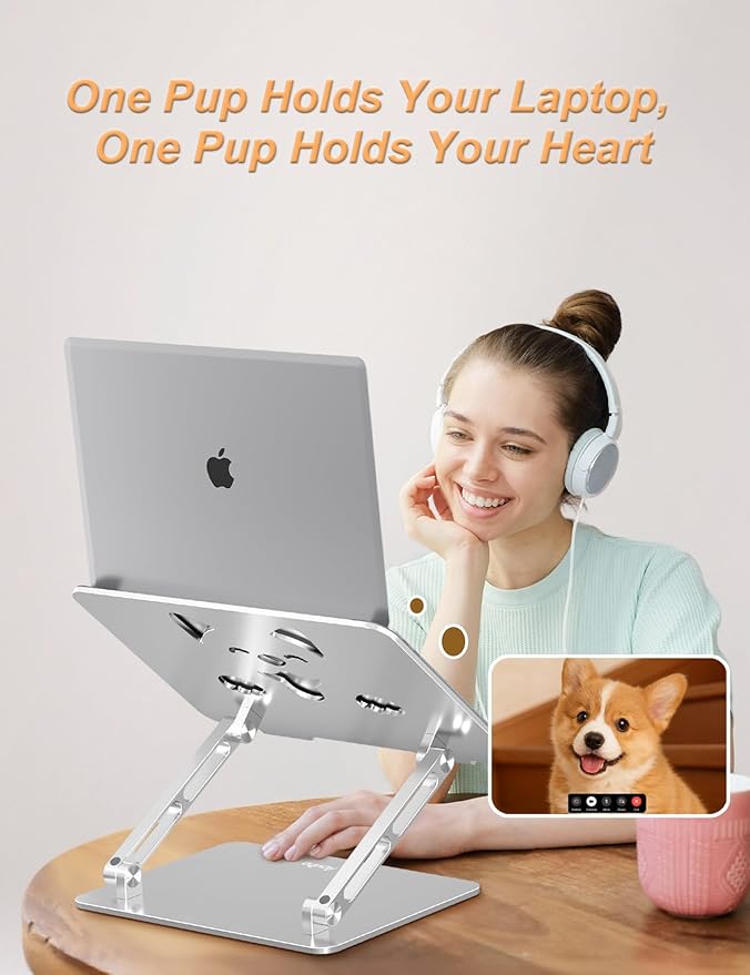Laptop Stand for Desk-Adjustable, Foldable, Portable, Ergonomic Aluminum Notebook Riser with Unique Puppy Cooling Vent, Desk Gift for 10"-17.3" Devices Mac, Dell, HP, Lenovo, Samsung, Silver