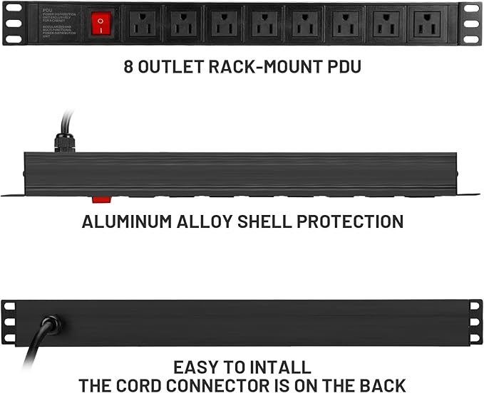 BTU Power Strip Surge Protector Rack-Mount PDU, 8 Right Angle Outlets Wide-Spaced, Mountable Power Strip Heavy Duty for Server Racks, Commercial, 300J,ETL (Black 6FT)