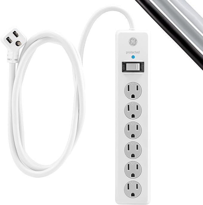 GE Surge Protector Power Strip,10 Ft Extension Cord,6 Outlet Extender,800 Joules,Flat Plug,Twist-to-Close Safety Covers,ETL Listed,White,46864, 2 Count (Pack of 10)