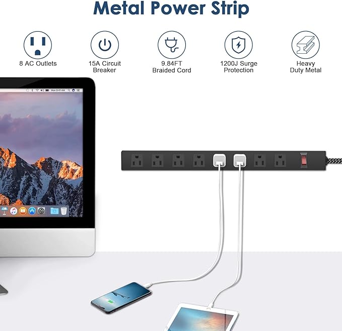 8 Outlet Power Strip - Metal Power Strip with Switch,Wide Spaced Moutable Surge Protector 1200J,10ft 14Awg Braided Cord,Home Office Industrial Garage Commercial