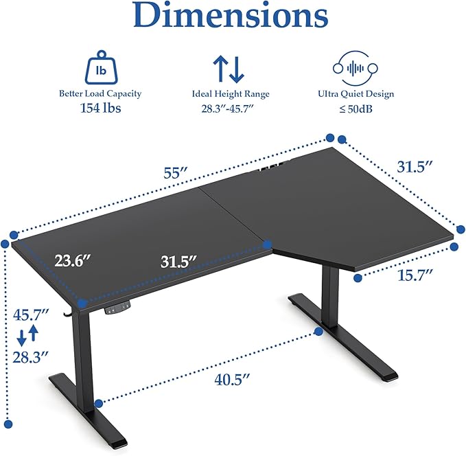 Klicelor 55 Inch L Shaped Standing Desk, Adjustable Height Corner Desk for Home Office Workstation, Sit Stand Desk with Two-Piece Desktop, Black