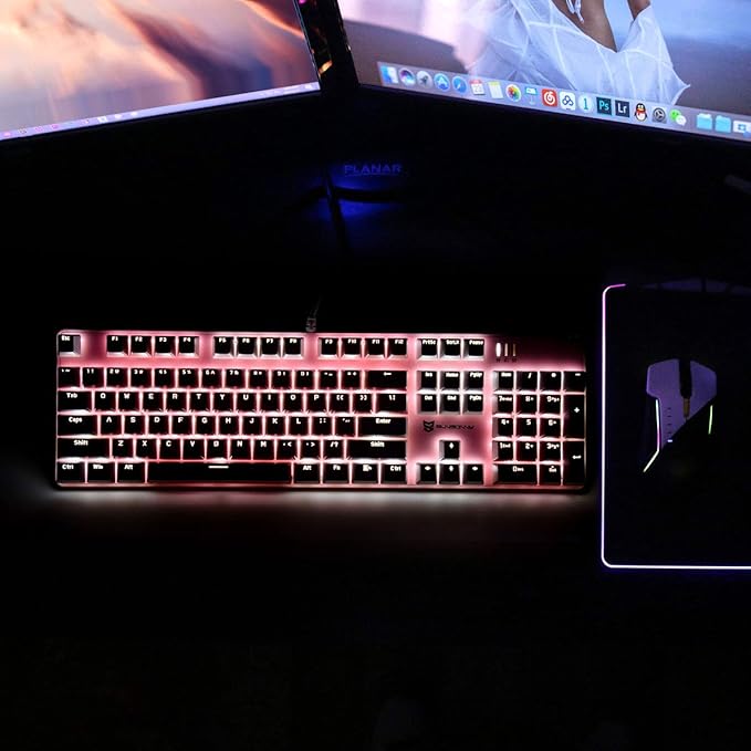 104 Keys Full Size Mechanical Keyboard | Blue Switch, Pink & White Color 104 Keys US Layout Led Backlit Hot Swappable Wired Mechanical Light Up Pink Keyboard | Wired Gaming Computer Keyboards