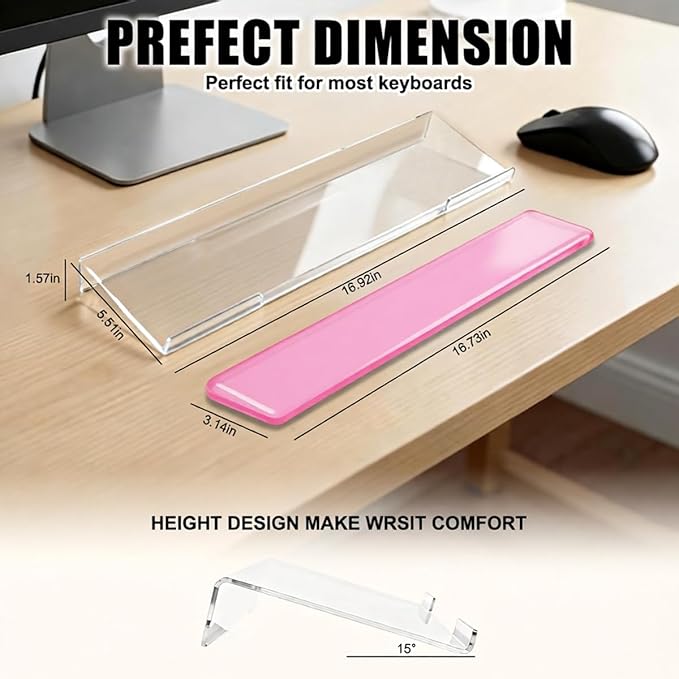 Acrylic Computer Keyboard Stand with Gel Wrist Rest Set,Ergonomic Keyboard Riser for Desk Easy Typing with Gel Keyboard Pad, Anti-Slip Comfort Keyboard Wrist Pad Relief Pain (Pink)