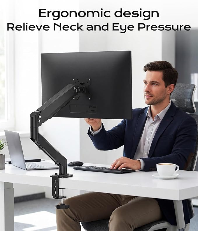 Gas Spring Monitor Arm 35 Inch,Adjustable Single Monitor Desk Mount with Swivel/Tilt/Rotation,Computer Monitors Stand Holder with Clamp Mounting Base, VESA Mount Bracket