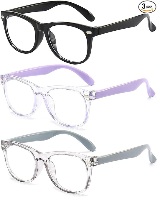 3 Pack kids Blue Light Blocking Glasses For Girls And Boys Computer Blue Light Blocking Glasses For Age 3-9 (Black + Light purple + Light gray)