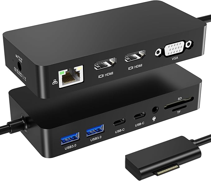 Surface Dock, 12-in-1 Triple Displays VGA +Dual HDMI Surface Pro Dock, Surface Docking Station for Surface Pro 11/10/9/8/X/7/6/5/4/3, Surface Book, Surface Go, Surface Laptop Dock